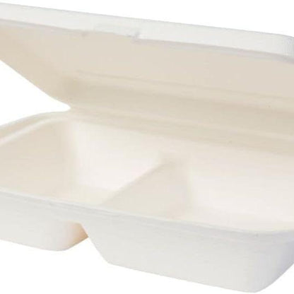 125 Bols jetables en bagasse canne à sucre biodégradables, Boîte à repas divisée en 2 compartiments avec couvercle rabattable 650 ml, 50 coupelles rectangulaires 25 x 16,5 cm Blanc