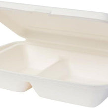 250 Bols jetables en bagasse canne à sucre biodégradables, Boîte à repas divisée en 2 compartiments avec couvercle rabattable 650 ml, 50 coupelles rectangulaires 25 x 16,5 cm Blanc