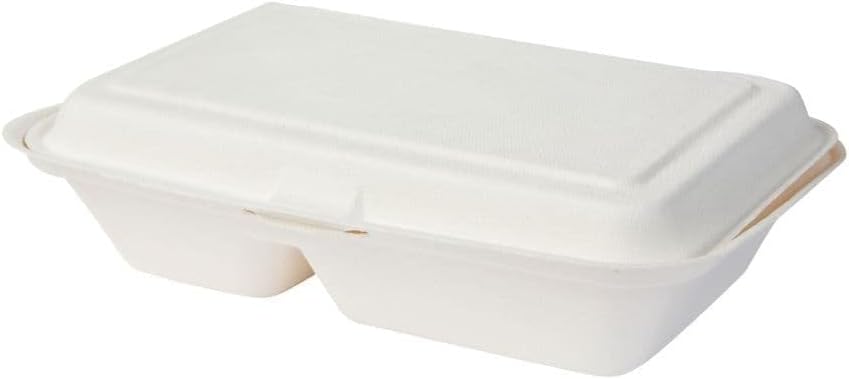 125 Bols jetables en bagasse canne à sucre biodégradables, Boîte à repas divisée en 2 compartiments avec couvercle rabattable 650 ml, 50 coupelles rectangulaires 25 x 16,5 cm Blanc