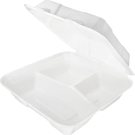 250 Bols jetables en bagasse canne à sucre biodégradables, Boîte à repas divisée en 3 compartiments avec couvercle rabattable 650 ml, 25 x 16,5 cm Blanc
