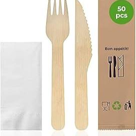 125 Ensemble de couverts jetables emballés - Couvert en bois, biodégradables - sans plastique - avec serviette et fourchette jetable