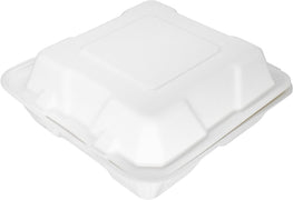 250 Bols jetables en bagasse canne à sucre biodégradables, Boîte à repas divisée en 3 compartiments avec couvercle rabattable 650 ml, 25 x 16,5 cm Blanc