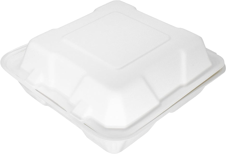 250 Bols jetables en bagasse canne à sucre biodégradables, Boîte à repas divisée en 3 compartiments avec couvercle rabattable 650 ml, 25 x 16,5 cm Blanc