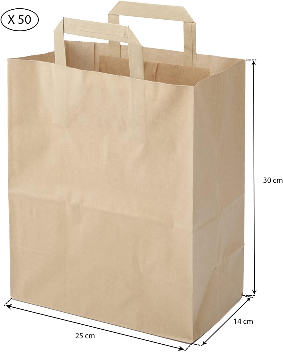 250 Sacs Marrons Cabas en Papier Kraft avec Poignées Plates – 26 x 17 x 30 cm – Solide pour les Courses Emballage cadeau pour anniversaire, fêtes, mariage.