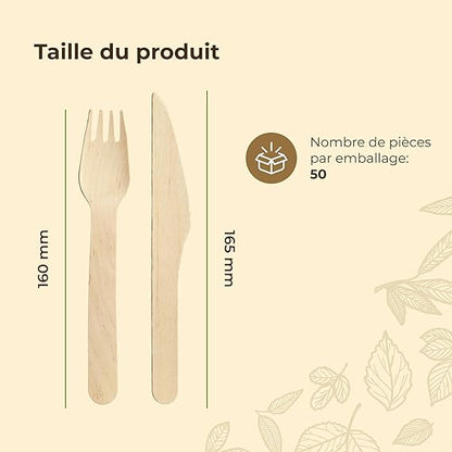 125 Ensemble de couverts jetables emballés - Couvert en bois, biodégradables - sans plastique - avec serviette et fourchette jetable