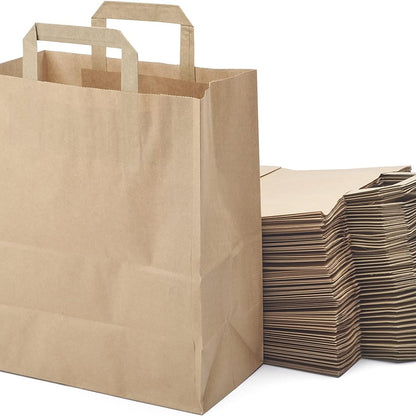 250 Sacs Marrons Cabas en Papier Kraft avec Poignées Plates – 26 x 17 x 30 cm – Solide pour les Courses Emballage cadeau pour anniversaire, fêtes, mariage.