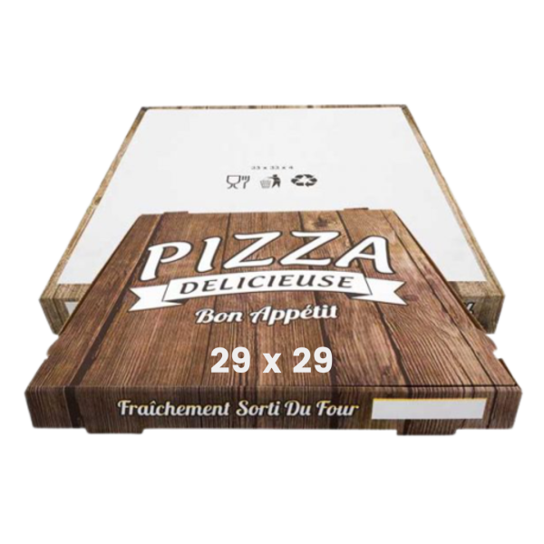 100 boîtes à pizza de 29×29, Marron Imprimées, Emballage de restauration rapide avec trou d'aération arrière - Respectueux de l'environnement