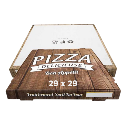 100 boîtes à pizza de 29×29, Marron Imprimées, Emballage de restauration rapide avec trou d'aération arrière - Respectueux de l'environnement