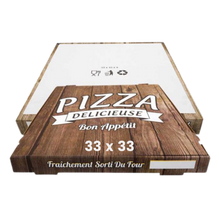 100 boîtes à pizza de 33×33, Marron Imprimées, Emballage de restauration rapide avec trou d'aération arrière - Respectueux de l'environnement