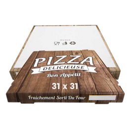 100 boîtes à pizza de 31×31, Marron Imprimées, Emballage de restauration rapide avec trou d'aération arrière - Respectueux de l'environnement
